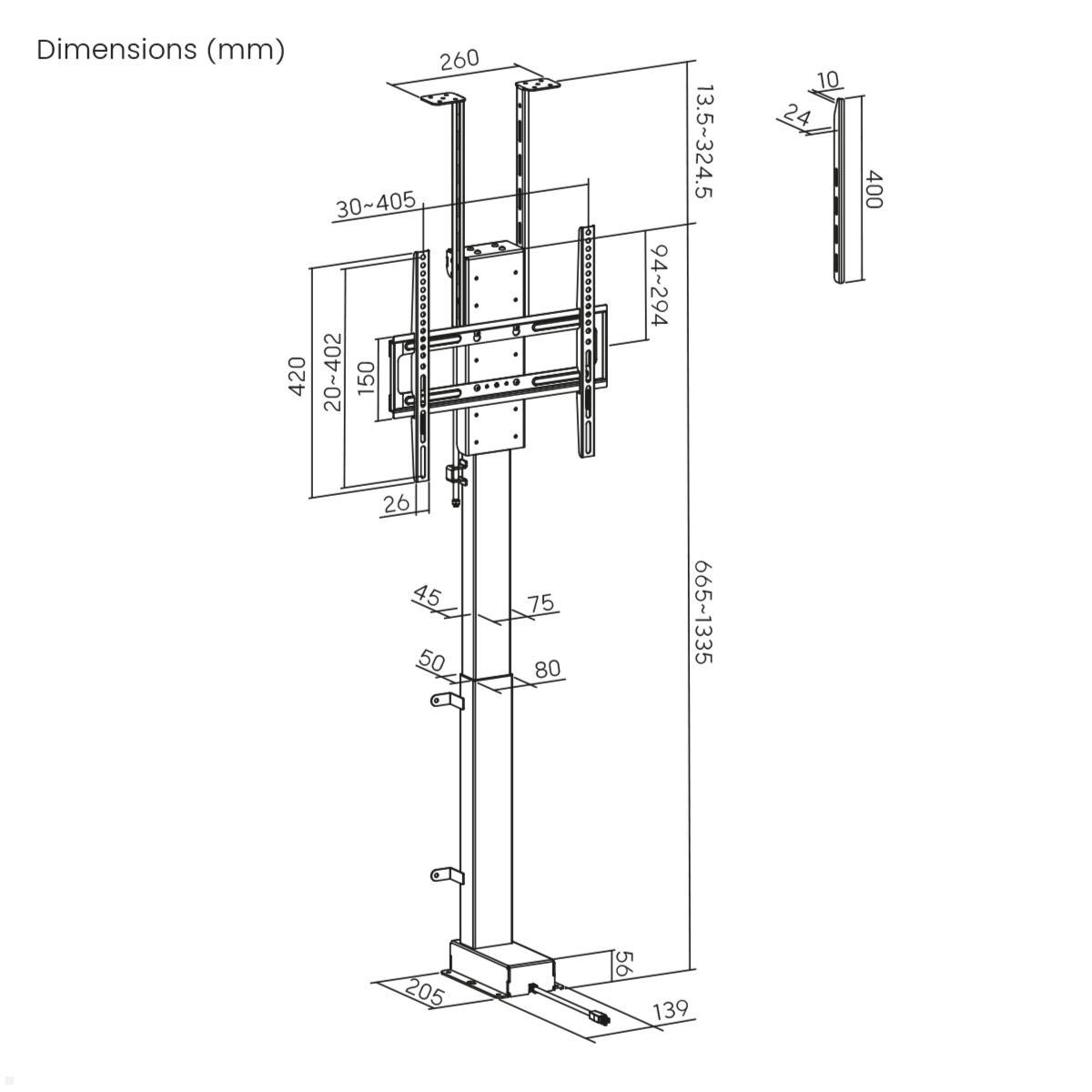 MonLines MLS036B Einbau TV Lift 32-48 Zoll, 670 mm Hub, schwarz, Maße front