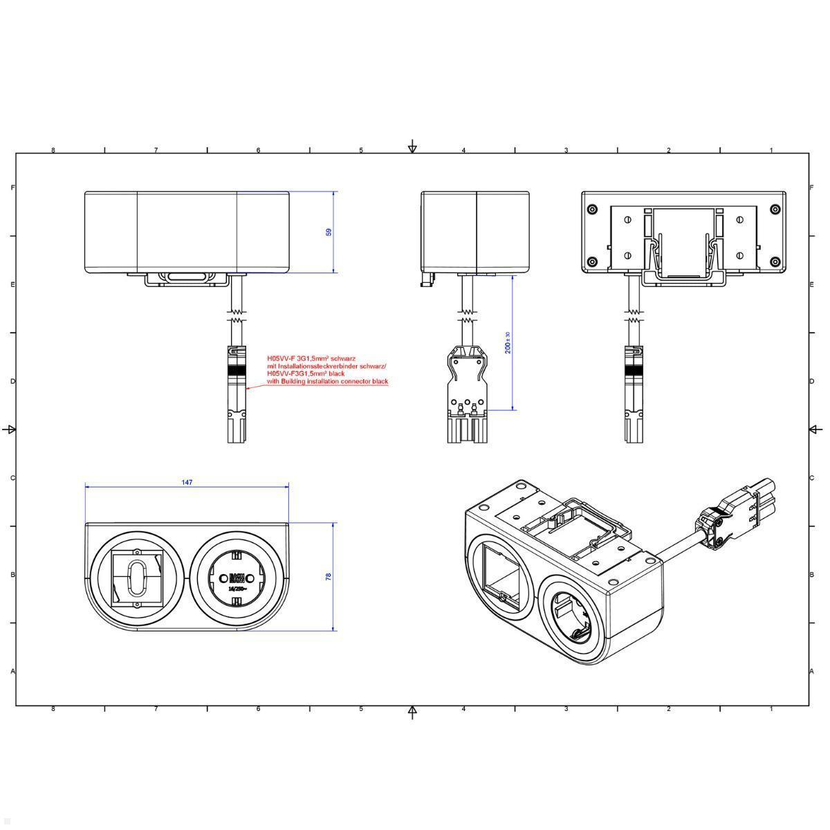 Bachmann PIX HOLDER DOUBLE Steckdose für Möbel mit 1x CEE7/3, 1x CM, 0,2m GST18 (BM0020105), Anschlussfeld Wohnbereich