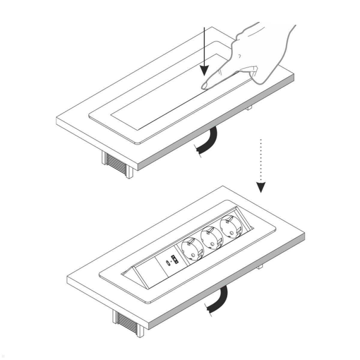 TecLines TES021B 3-fach Einbausteckdose mit USB A+C, schwarz, Tischsteckdose zum Einbauen