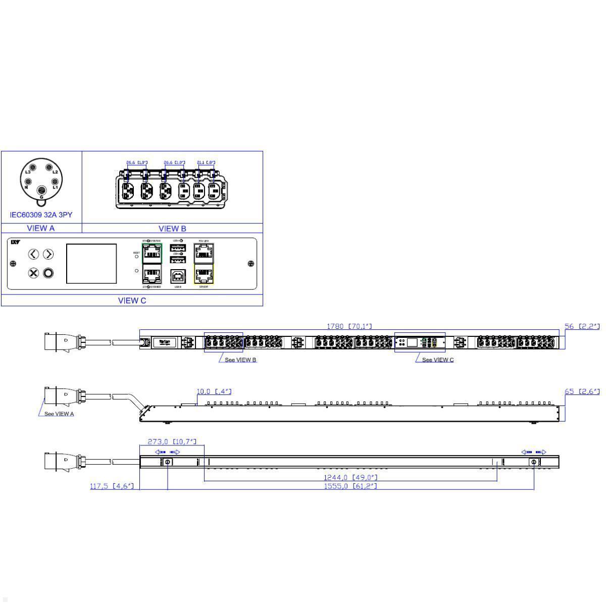 Legrand Raritan iX Rack-PDU 0U mit 18xC13 / 18xHDOT Cx, 3-phasig 400V 32A, Input Metered (PX4-1699-E7V2), Input Metered 400V 32A