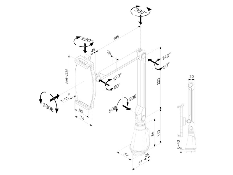 NewStar TABLET-D100 Tischhalterung mit Klemme, silber Maße NewStar TABLET-D100 Tischhalterung mit Klemme, silber Maße