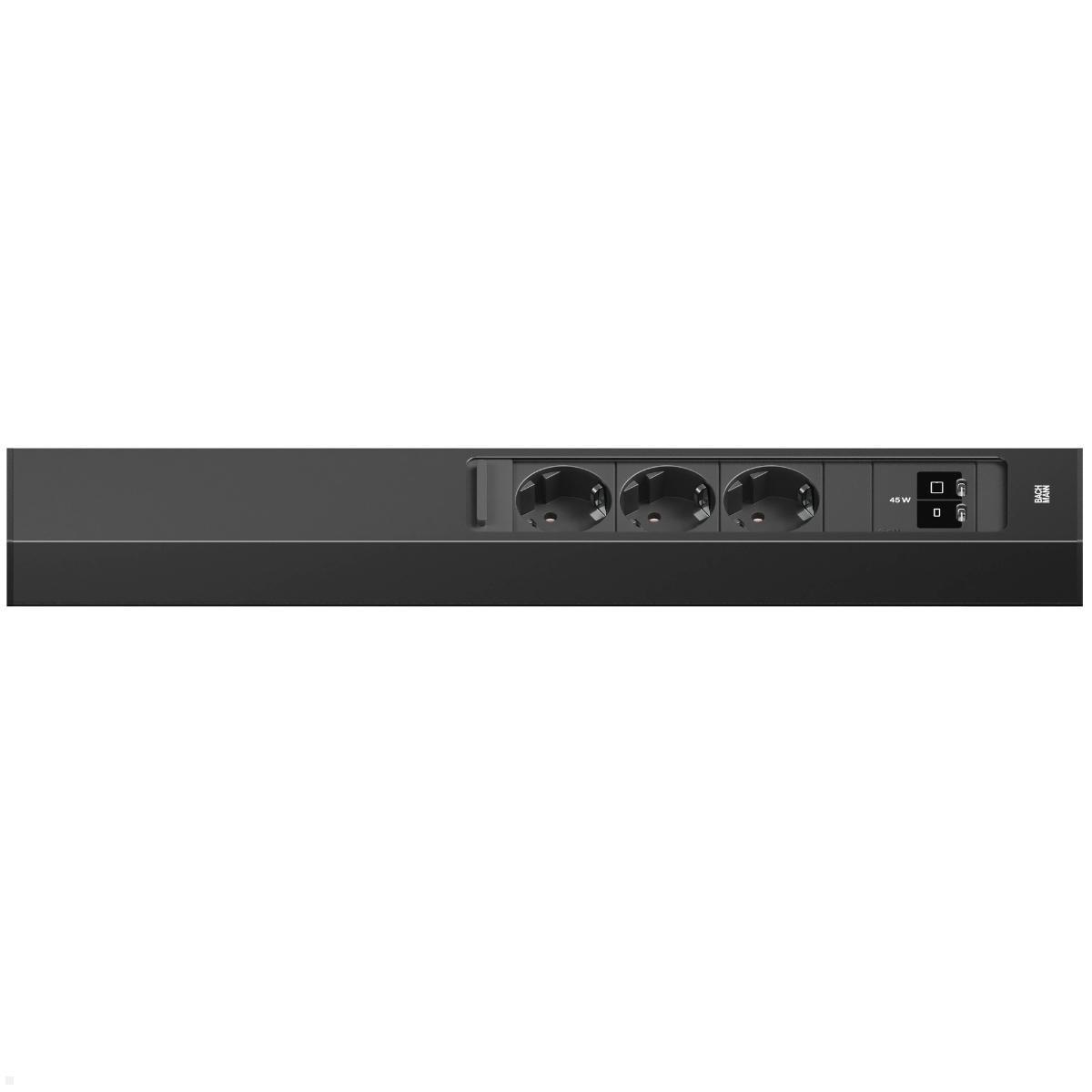 Bachmann CASIA 2 3x Steckdose 1x USB C/C 45W, 2m Zuleitung (BM0023178), schwarz, Eck Steckdosenleiste geöffnet