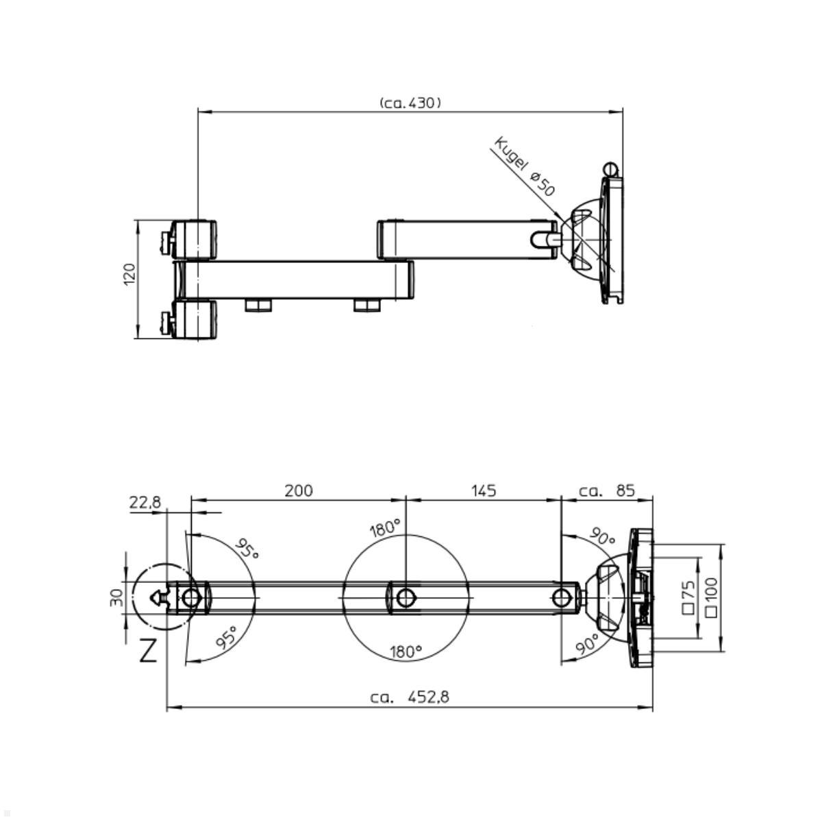 Novus TFC Monitorhalter Faltarm 450 mm Zeichnung mit Maßen
