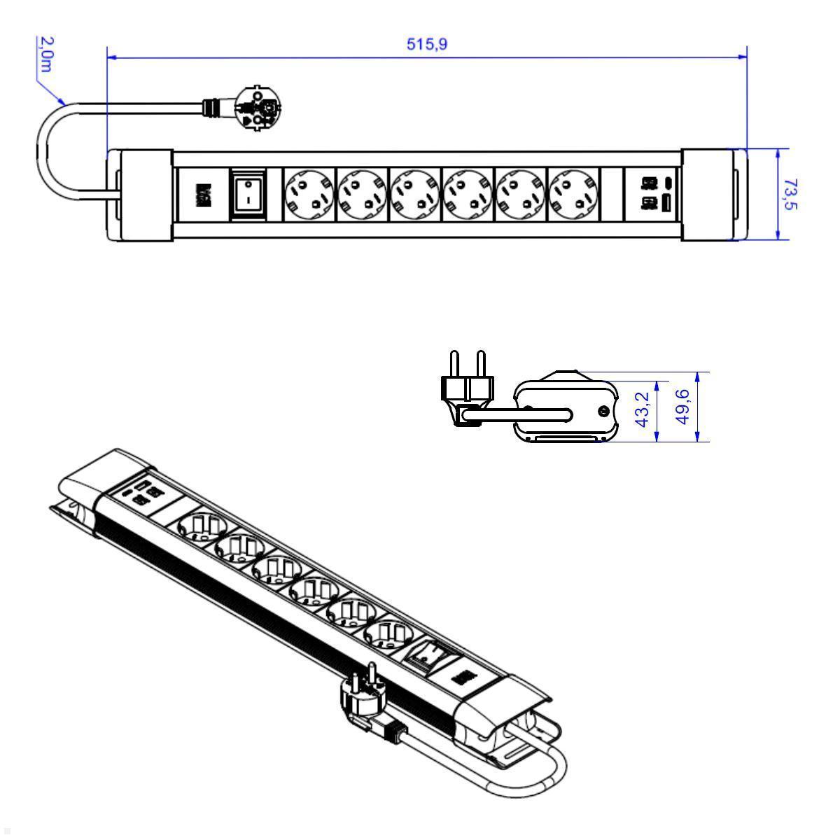 Bachmann CONNECTUS 6x Steckdose CEE7/3, 1x USB A/C, 1x Schalter, grau (BM005920) Maße