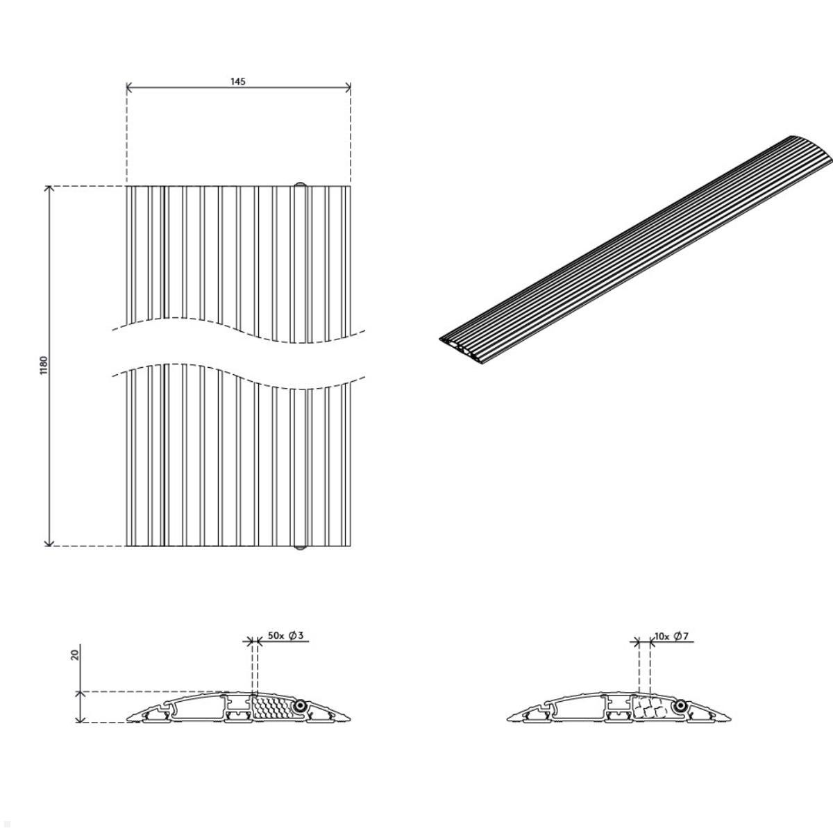 Dataflex Addit Kabelbrücke aufklappbar gerade 118 cm (31.453), Skizze