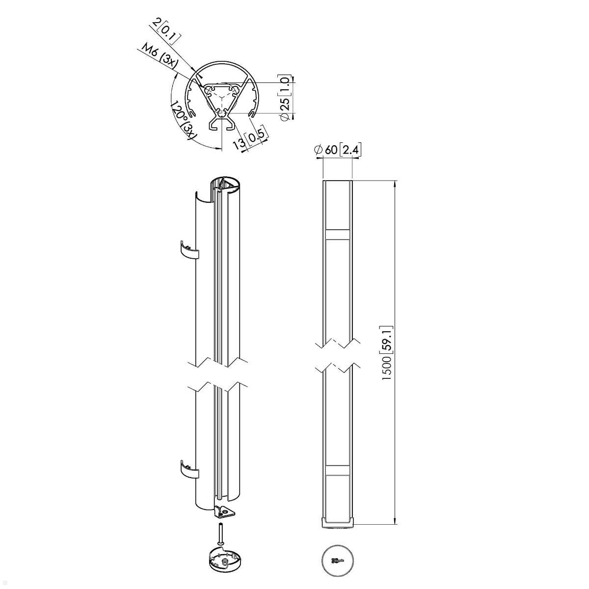 Vogels Connect-It PUC 2415 - 150 cm Säule für Deckenhalterung, silber, Zeichnung Maße Vogels Connect-It PUC 2415 - 150 cm Säule für Deckenhalterung, silber, Zeichnung Maße