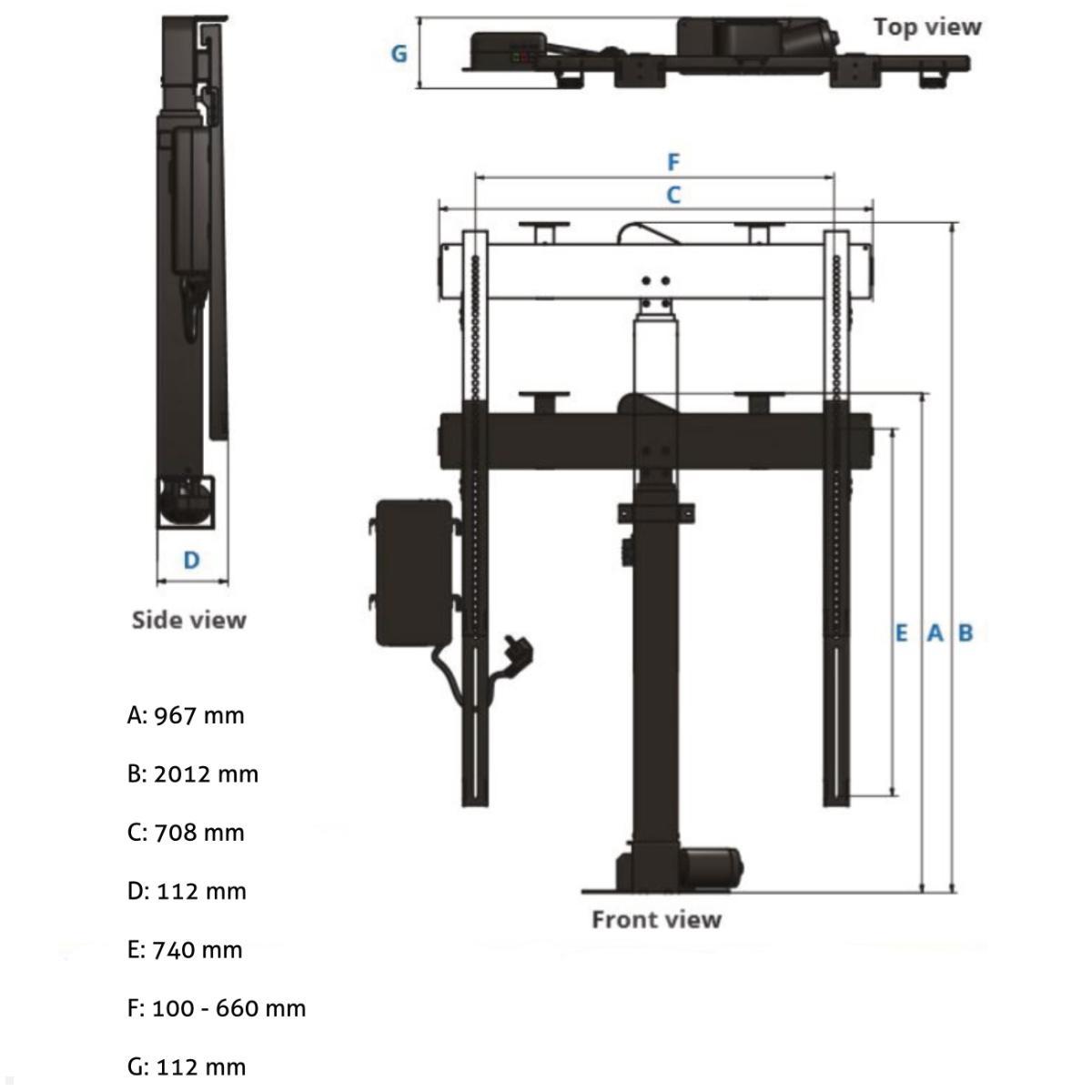 MonLines MLS012B TV Lift schwenkbar bis 75 Zoll, 967 mm Einbau, 1045 mm Hub, Abmessungen MonLines MLS012B TV Lift schwenkbar bis 75 Zoll, 967 mm Einbau, 1045 mm Hub, Abmessungen