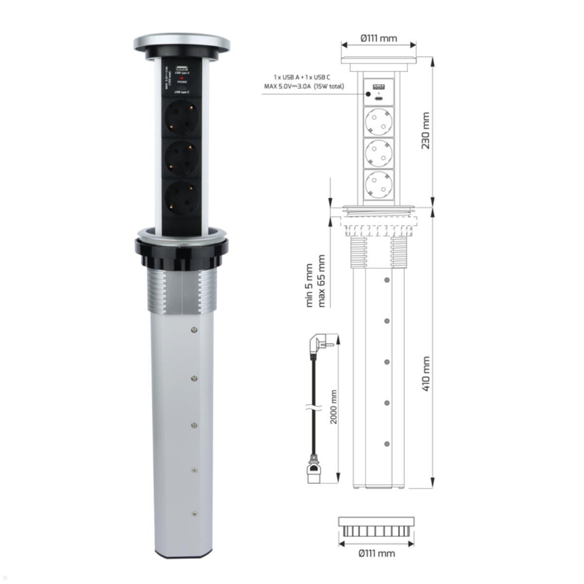 TecLines TVS006S versenkbare 3-fach Steckdosenleiste mit USB A/C, Qi, silber, Maße TecLines TVS006S versenkbare 3-fach Steckdosenleiste mit USB A/C, Qi, silber, Maße