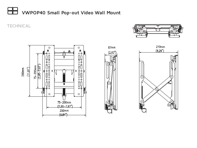 Edbak VWPOP40 schmale Videowall Pop-out Wandhalterung, 40 Zoll Technische Zeichnung Edbak VWPOP40 schmale Videowall Pop-out Wandhalterung, 40 Zoll Technische Zeichnung