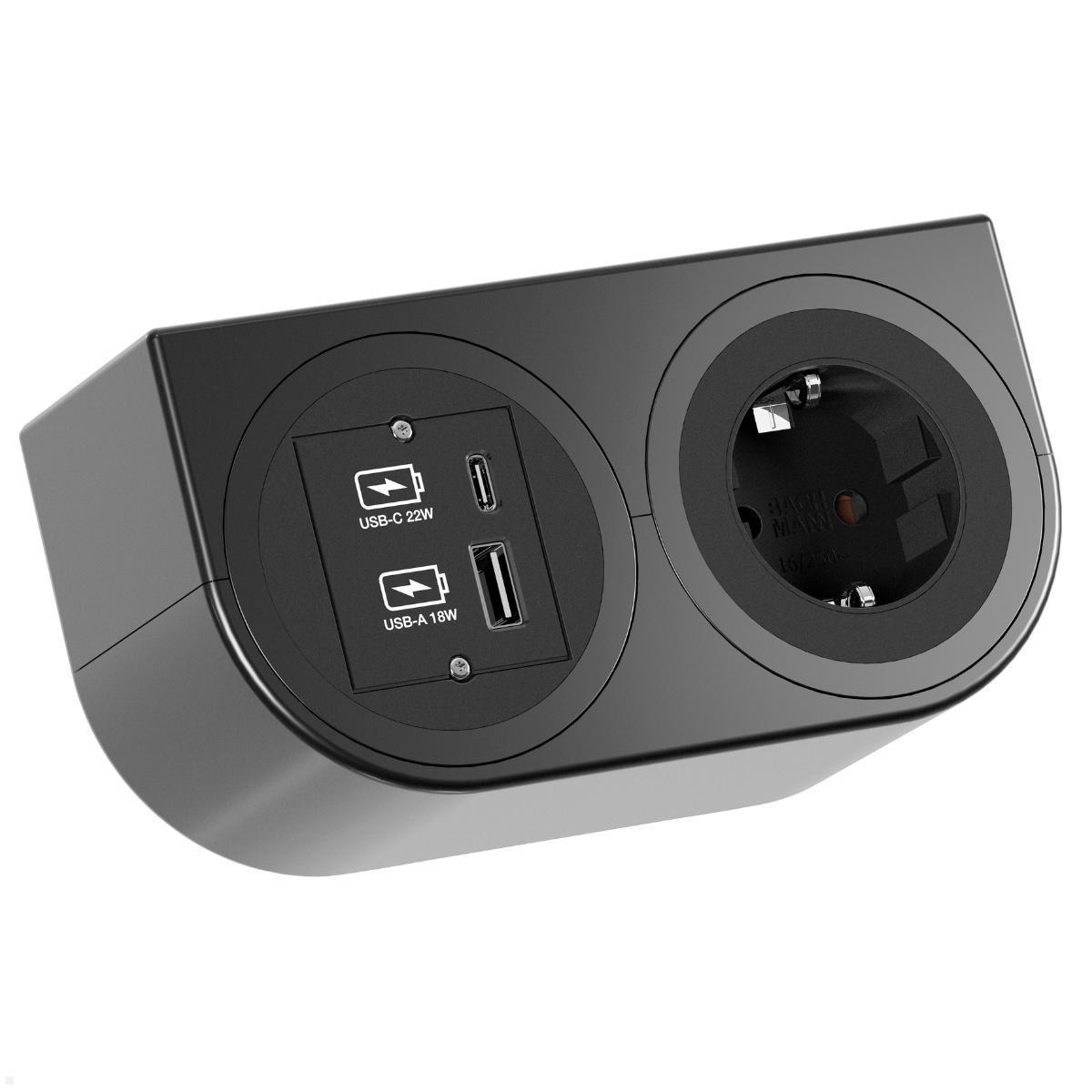 Bachmann PIX HOLDER DOUBLE Steckdose für Möbel mit 1x CEE7/3, 1x CM, 1x USB A/C, 0,2m GST18 (BM0020104), USB A/C Charger 22W GST18