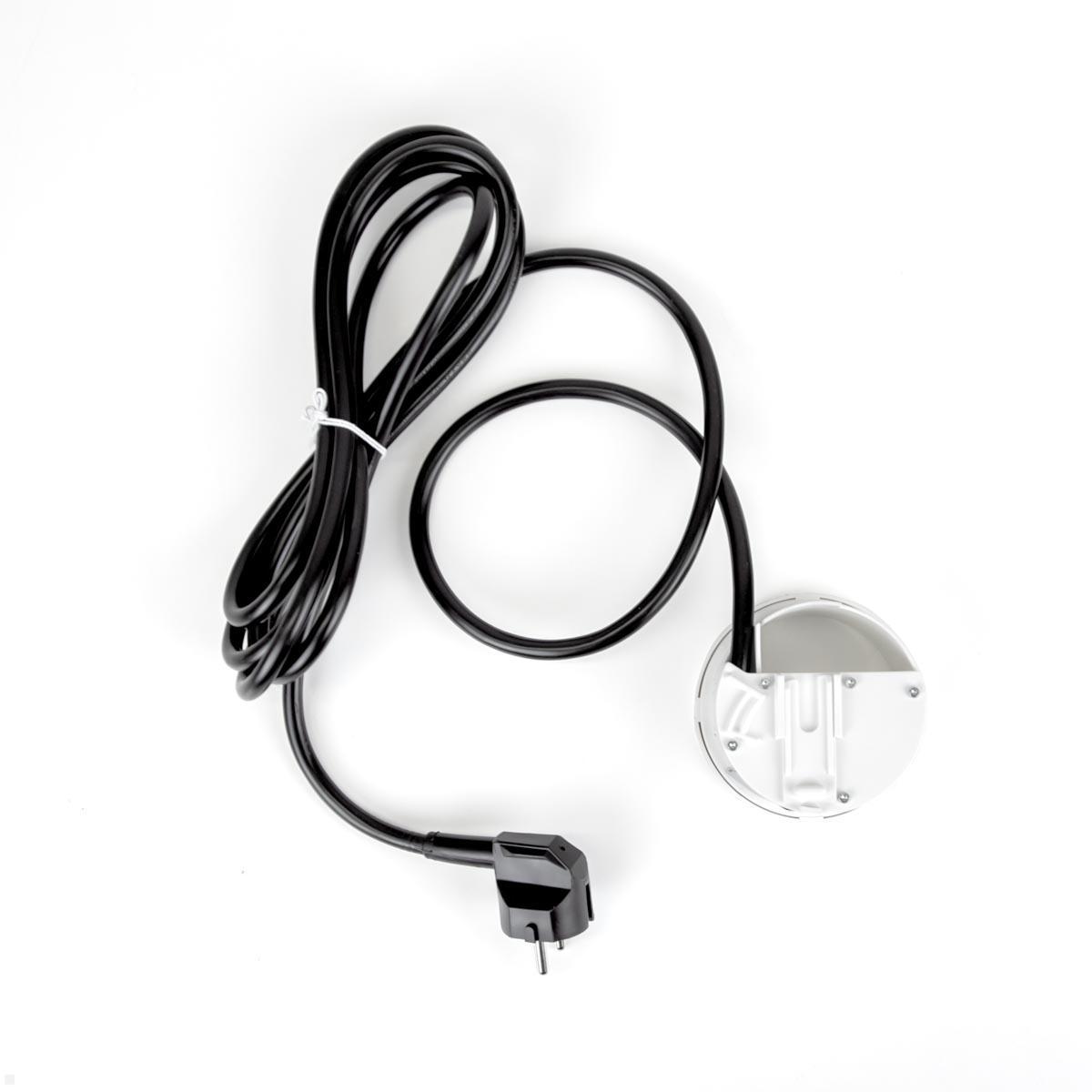 EVOline Circle80 Einbausteckdose mit USB-Charger C/C mit Kabelführung, Unterseite und Netzstecker