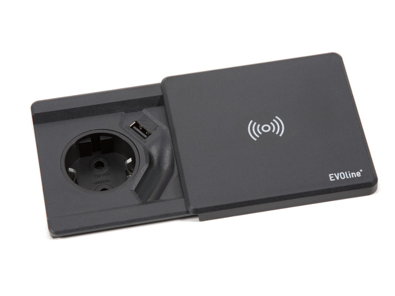 EVOline Square80 Qi-Version 1x Schuko und USB schwarz EVOline Square80 Qi-Version 1x Schuko und USB schwarz