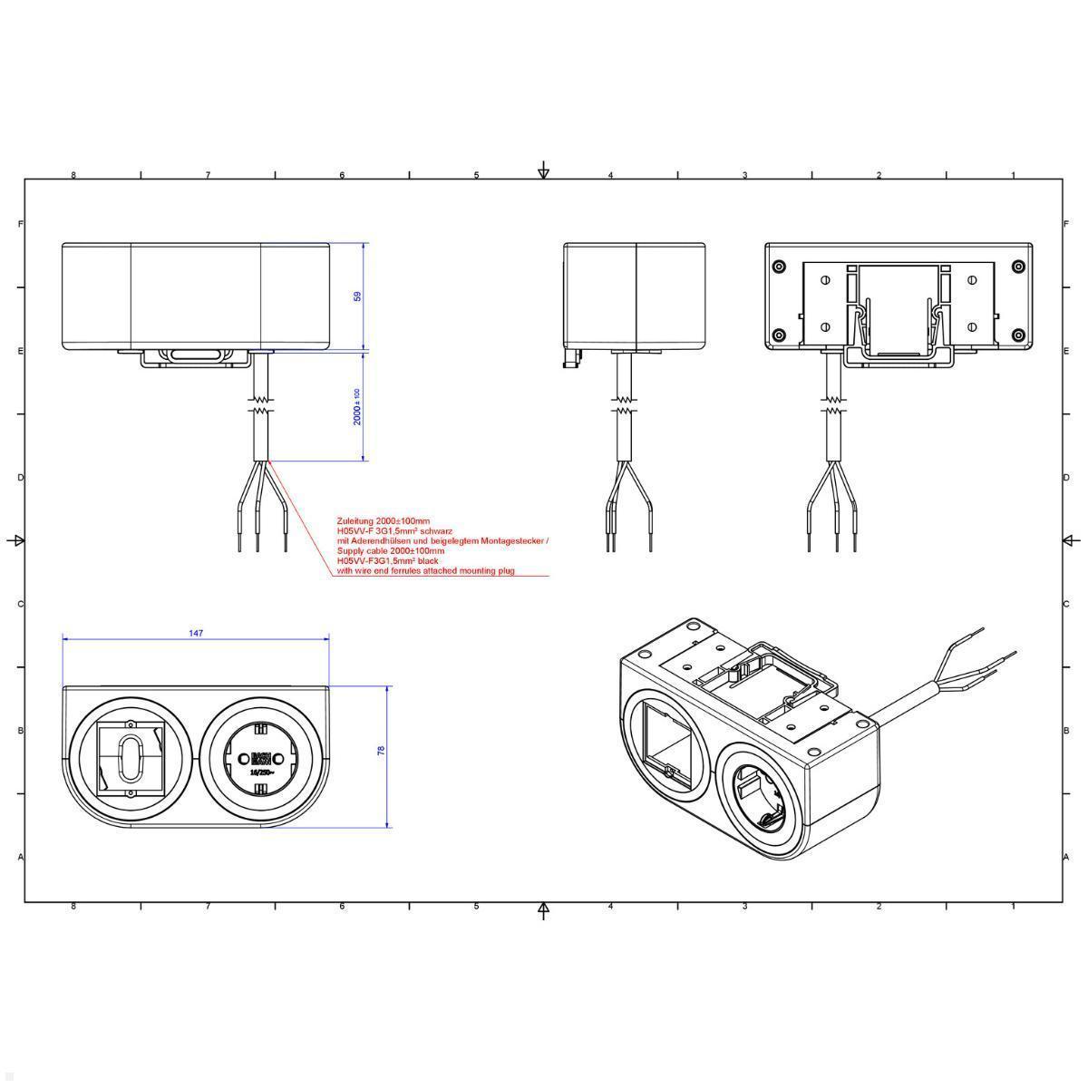 Bachmann PIX HOLDER DOUBLE Steckdose für Möbel mit 1x CEE7/3, 1x CM, 2m Zuleitung (BM0020102), Befestigung Möbel