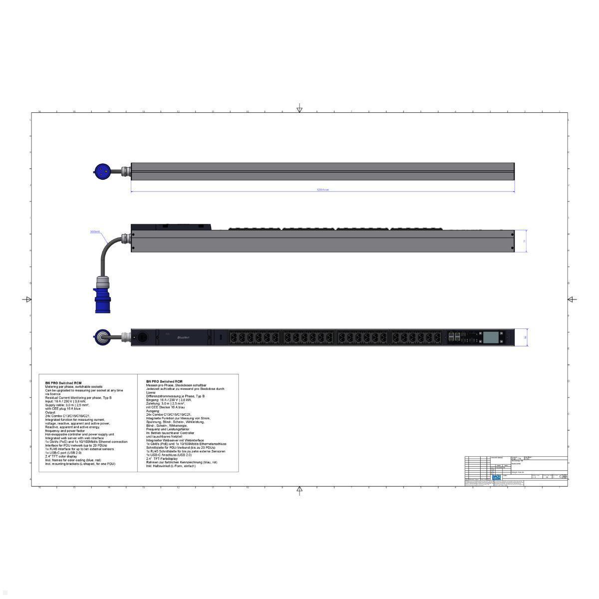 Bachmann BN PRO S Switched RCM - 16A Rack PDU mit 24xCombo, 3,0m CEE 16A/3p (BM0024769), Switched Rack PDU