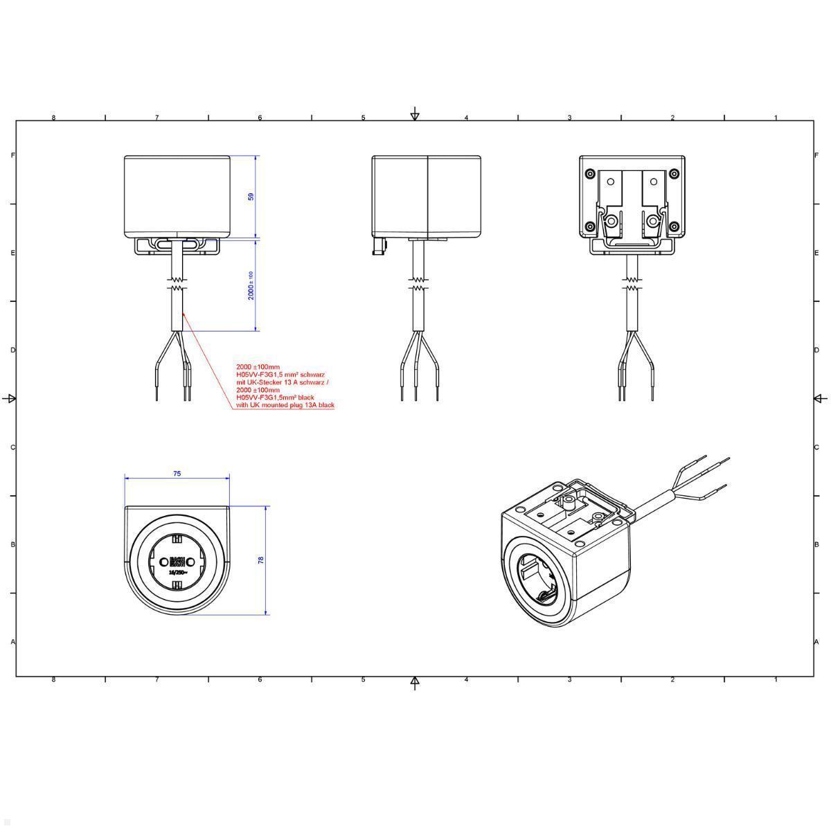 Bachmann PIX HOLDER SINGLE Steckdose für Möbel mit 1x CEE7/3, 2m Zuleitung (BM0020082), Befestigung ohne Ausschnitt