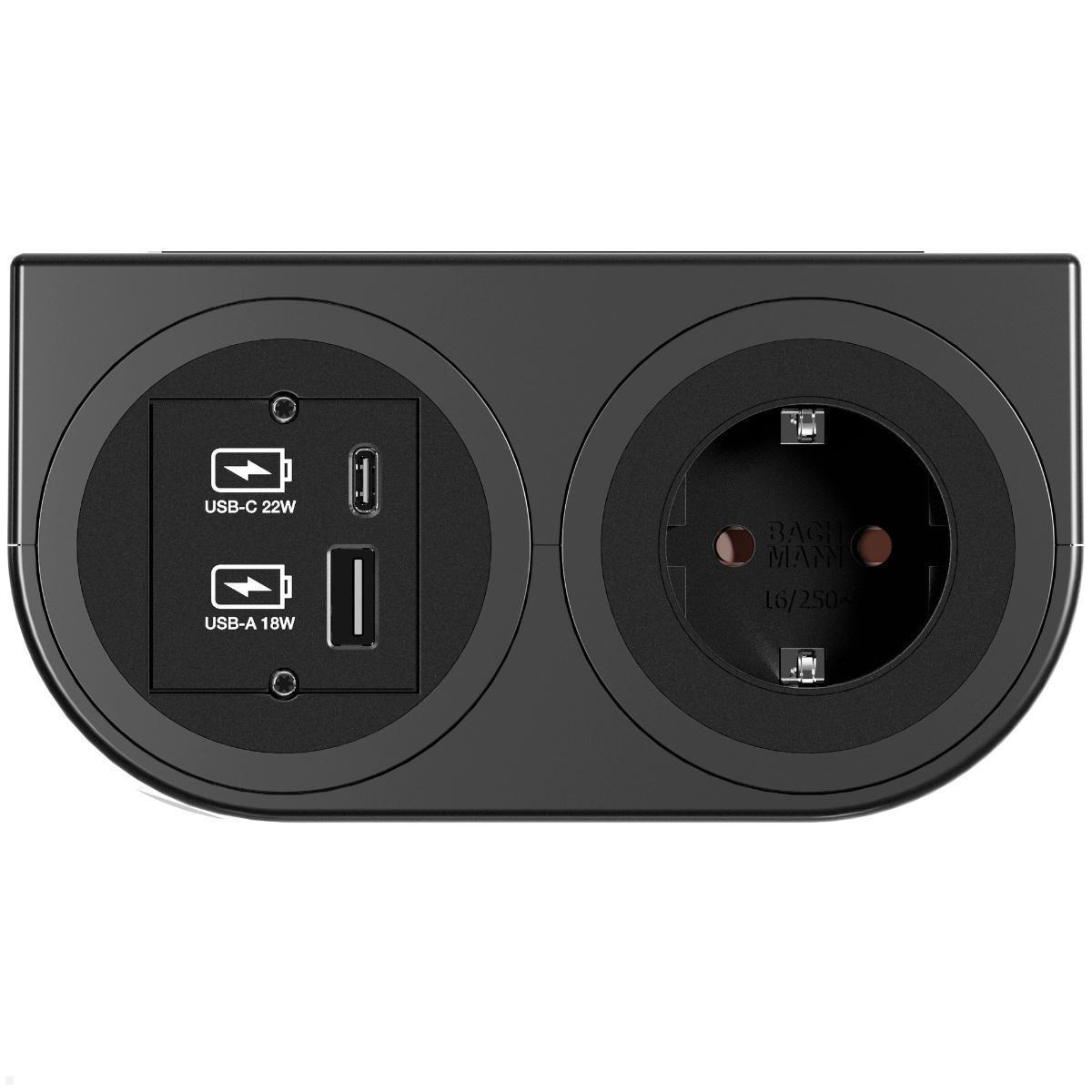 Bachmann PIX HOLDER DOUBLE Steckdose für Möbel mit 1x CEE7/3, 1x CM, 1x USB A/C, 0,2m GST18 (BM0020104), Steckdoseneinheit 2-fach Installationsteckverbinder