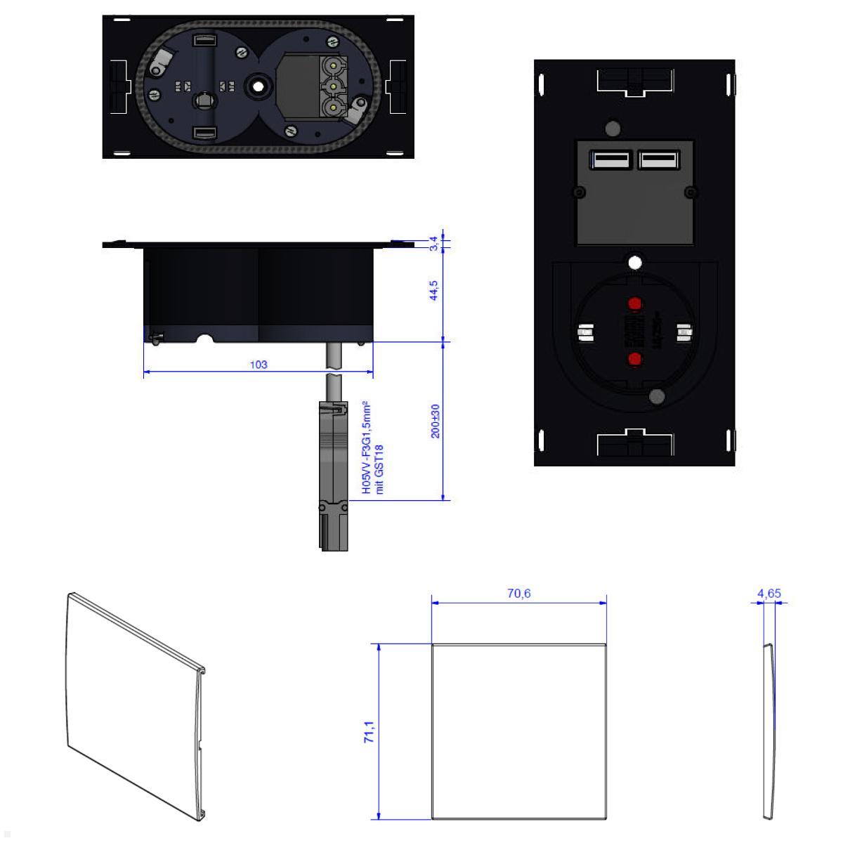 Bachmann DUE Steckdose USB-Charger A/A, Deckel, Edelstahl (929.040DE), technische Zeichnung Bachmann DUE Steckdose USB-Charger A/A, Deckel, Edelstahl (929.040DE), technische Zeichnung