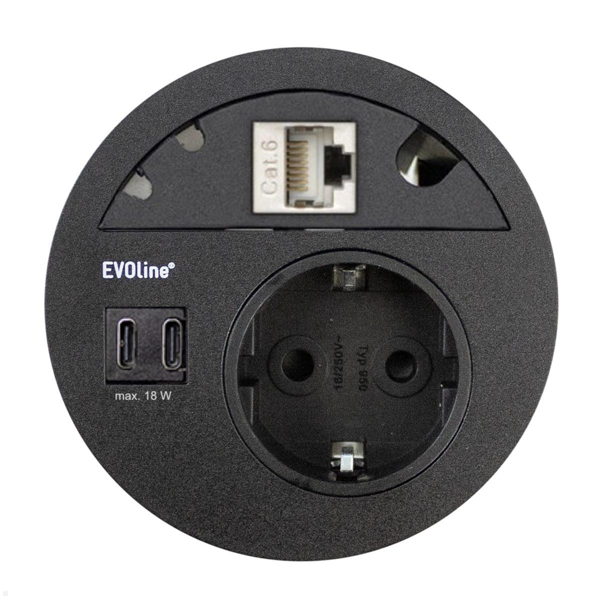 EVOline Circle80 Einbausteckdose mit USB-Charger C/C mit CAT6a, schwarz