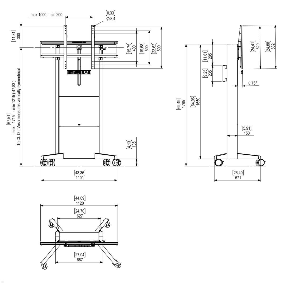 SMS Presence mobiler elektrischer Monitorständer 98 Zoll, VESA bis 1000x600, Maße