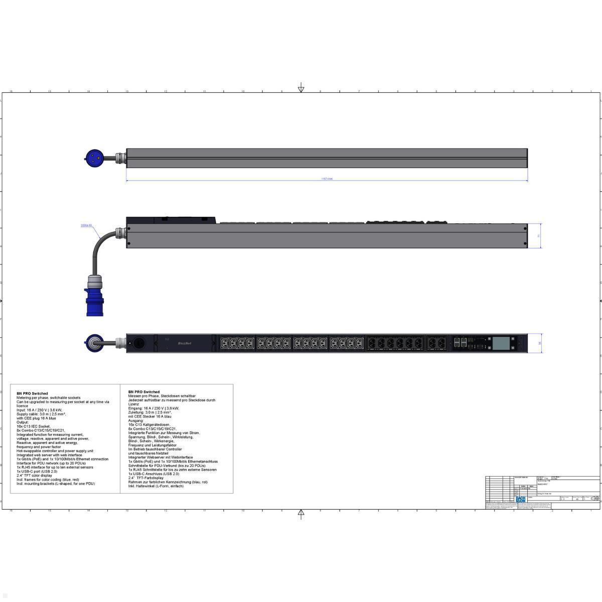 Bachmann BN PRO S Switched - 16A Rack PDU mit 16xC13 8xCombo, 3,0m CEE 16A/3p (BM0024767), C13 Steckdosen
