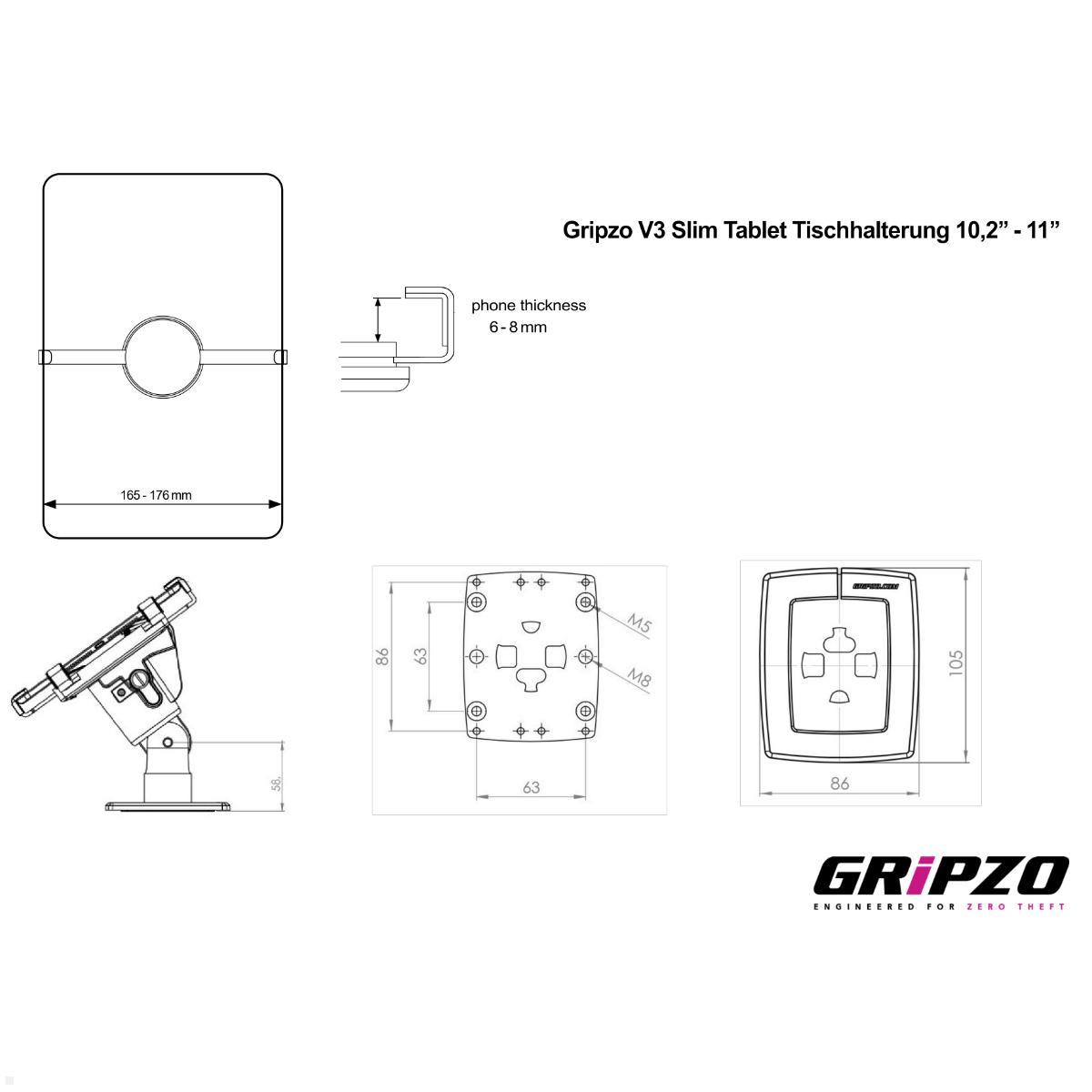 Gripzo V3 Slim Tablet Tischhalterung 10,2 bis 11 Zoll, Diebstahlschutz, technische Details Gripzo V3 Slim Tablet Tischhalterung 10,2 bis 11 Zoll, Diebstahlschutz, technische Details
