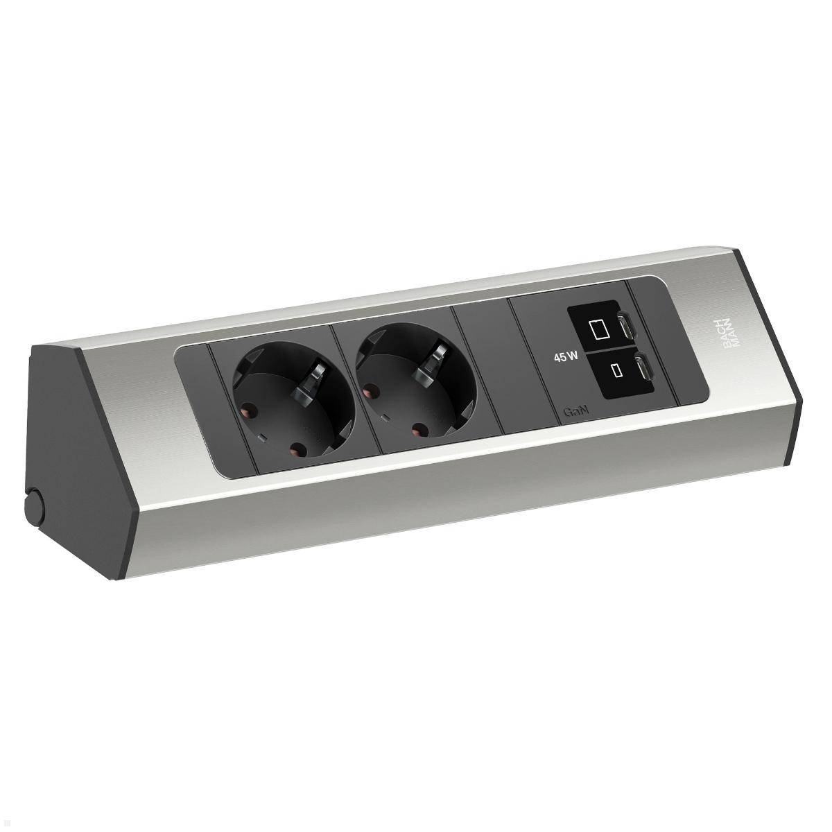 Bachmann CASIA 2 2x Steckdose 1x USB C/C 45W, 2m Zuleitung (BM0023172), Edelstahl Optik, Steckdosenleiste