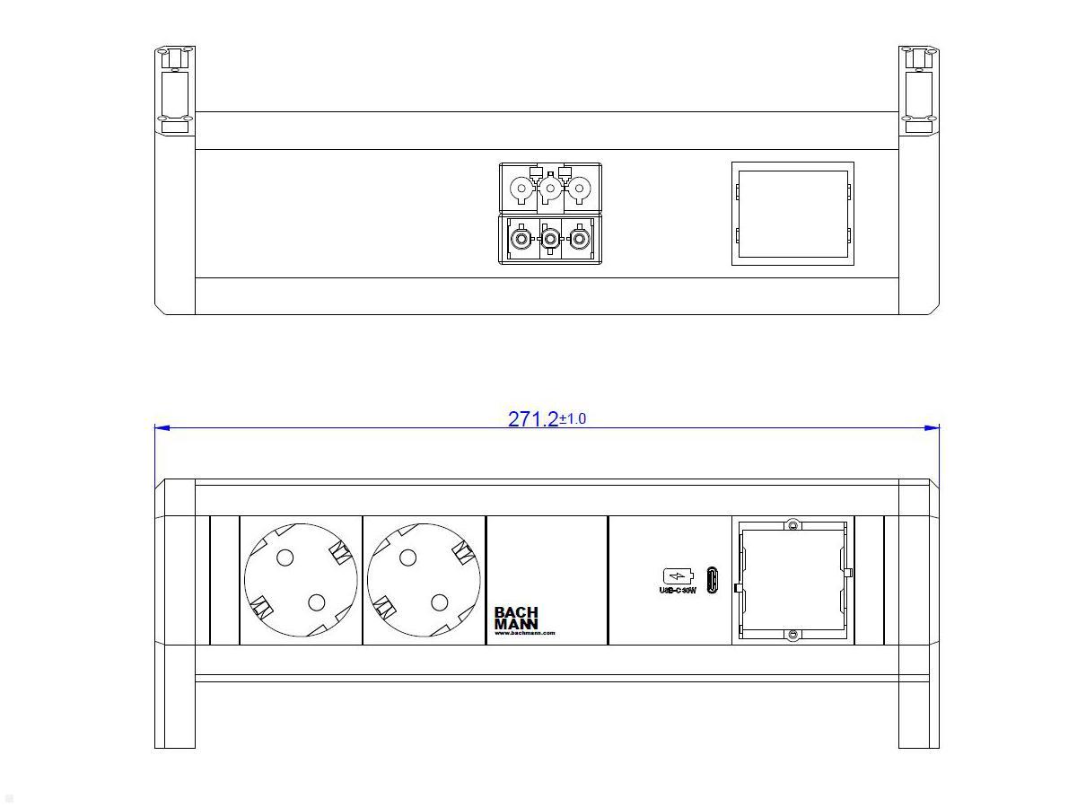 Bachmann DESK 1, 2x Steckdose, 1 USB-C Charger 30W, 1 CM (902.0815), techn. Zeichnung Bachmann DESK 1, 2x Steckdose, 1 USB-C Charger 30W, 1 CM (902.0815), techn. Zeichnung