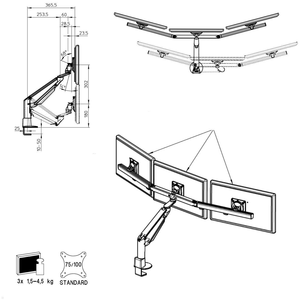 Novus Clu Plus X3 C Monitorhalterung für 3 Monitore (993+2118+000), schwarz, schwenkbarer Triple Monitorarm