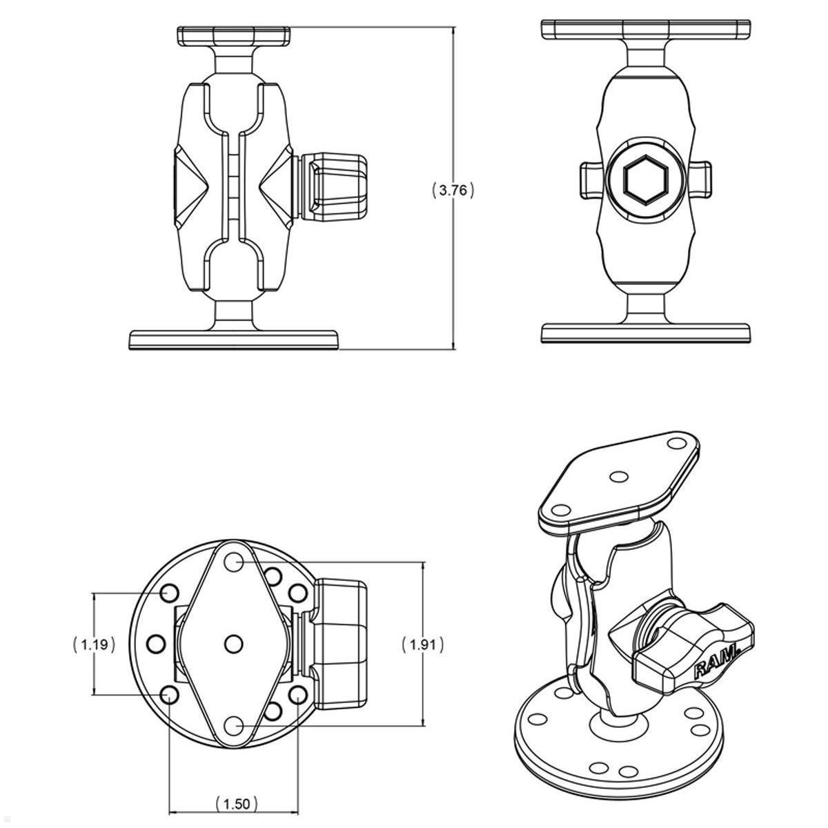 RAM Mounts Aufbau-Set - runde Basisplatte, kurzer Verbindungsarm, Diamond-Basisplatte, B-Kugel (RAM-B-138U-A), AMPS-Lochmuster