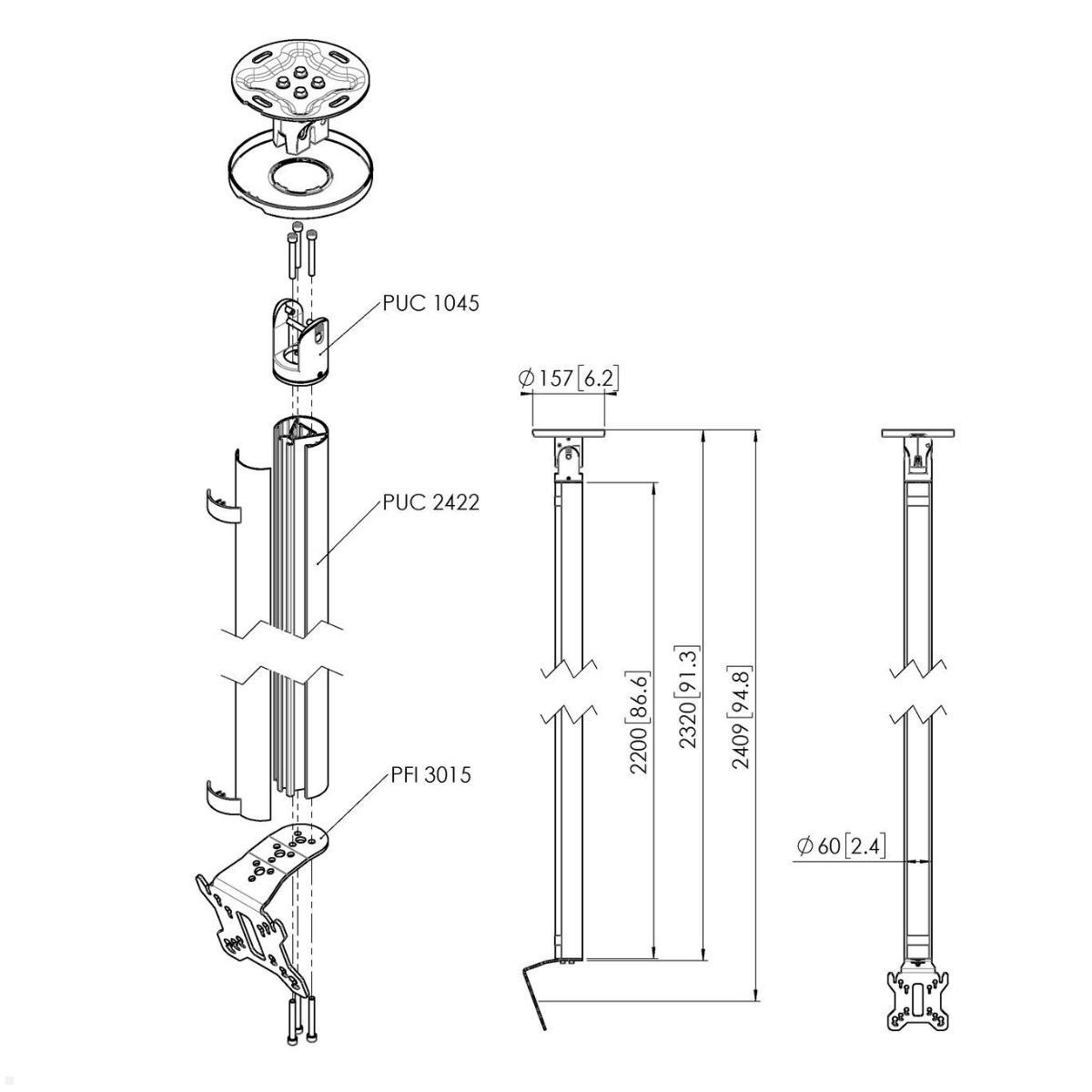 Vogels Connect-it CT242222S Deckenhalter bis 43 Zoll, silber, Zeichnung Maße Vogels Connect-it CT242222S Deckenhalter bis 43 Zoll, silber, Zeichnung Maße