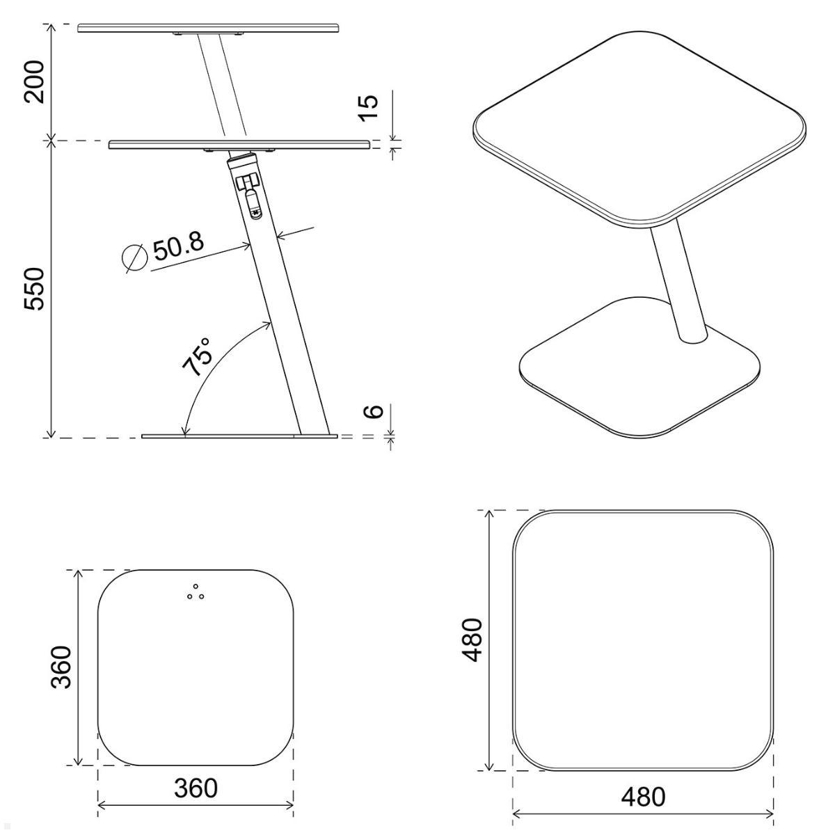 Dataflex Bento Laptoptisch 550-755mm höhenverstellbar, weiß, Maße