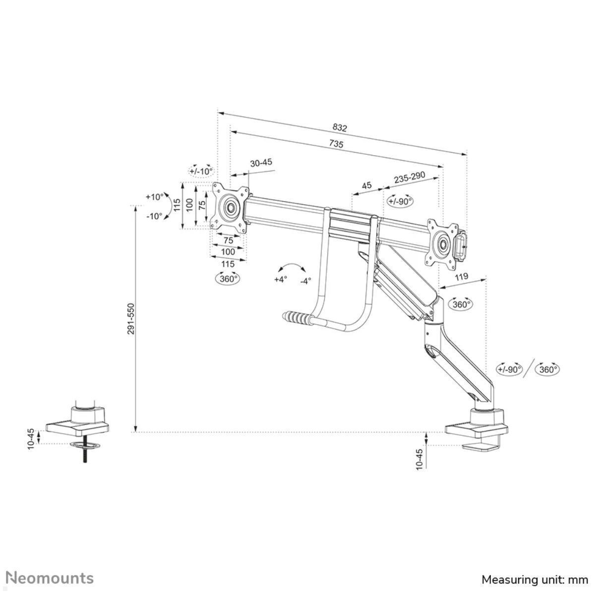 Neomounts DS75-450WH2 Monitorhalter für 2 Monitore nebeneinander bis 32 Zoll, weiß technische Zeichnung Neomounts DS75-450WH2 Monitorhalter für 2 Monitore nebeneinander bis 32 Zoll, weiß technische Zeichnung