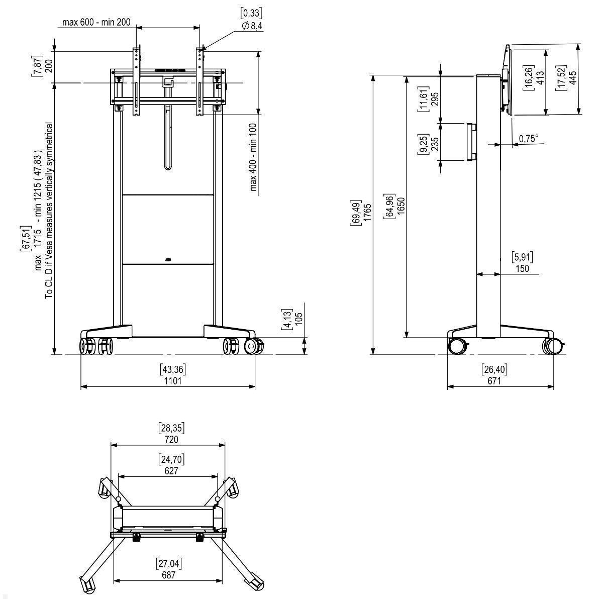 SMS Presence mobiler elektrischer Monitorständer 98 Zoll VESA bis 600x400, Maße