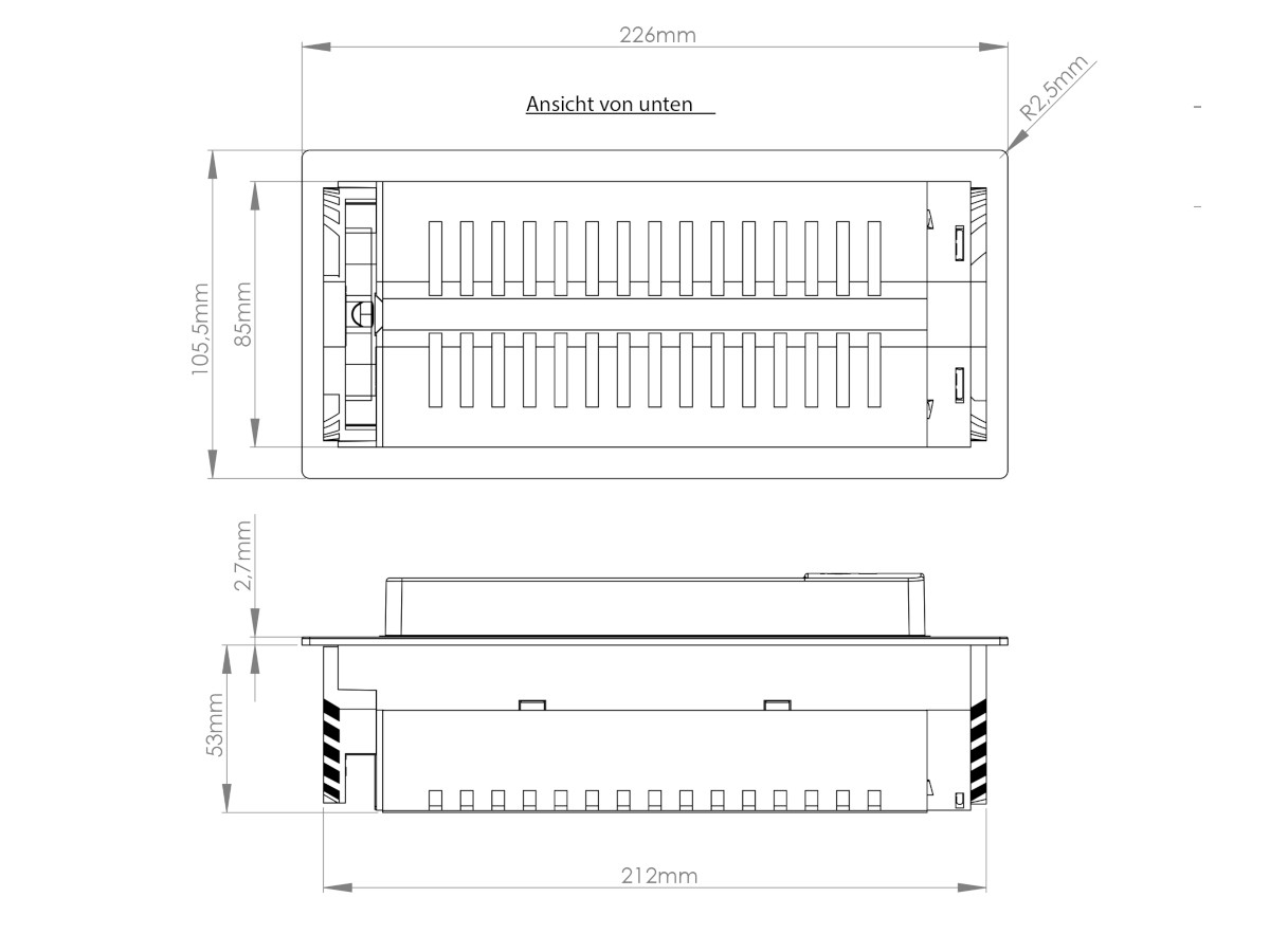 EVOLine BackFlip Standard 2x Steckdose, 1x USB Charger Maße EVOLine BackFlip Standard 2x Steckdose, 1x USB Charger Maße