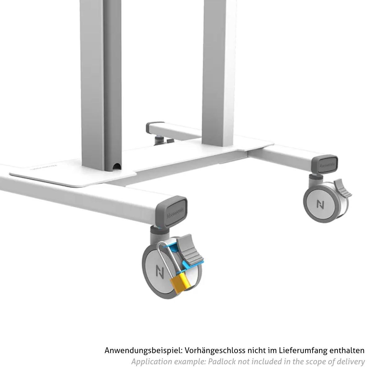 Neomounts ABL-875 Zubehör diebstahlsichere Rollen Bremssperre für TV Ständer Anwendungsbeispiel Neomounts ABL-875 Zubehör diebstahlsichere Rollen Bremssperre für TV Ständer Anwendungsbeispiel