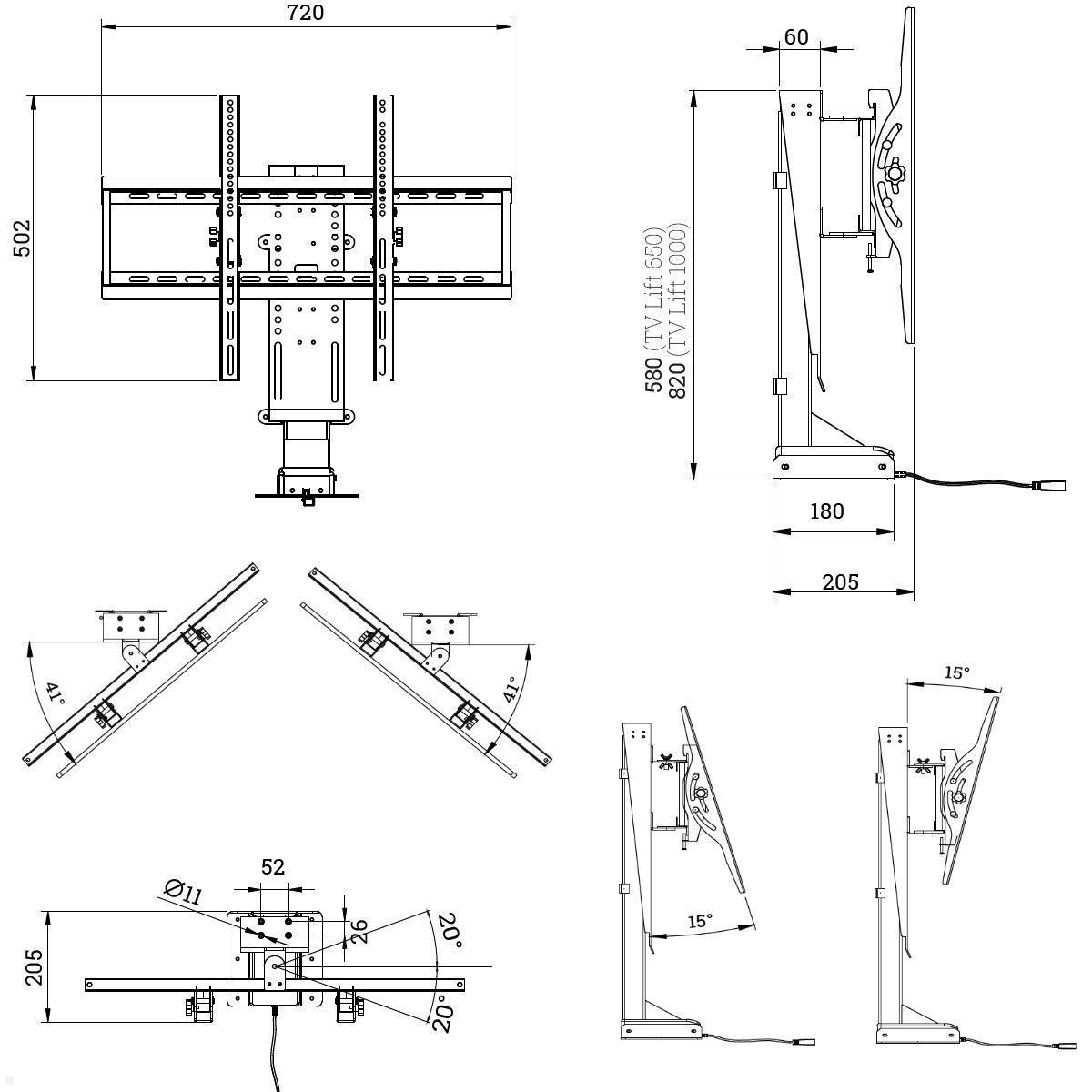 MonLines MLS039B Einbau TV Lift bis 60 kg, 620-1270 mm Hub, schwarz, Maße
