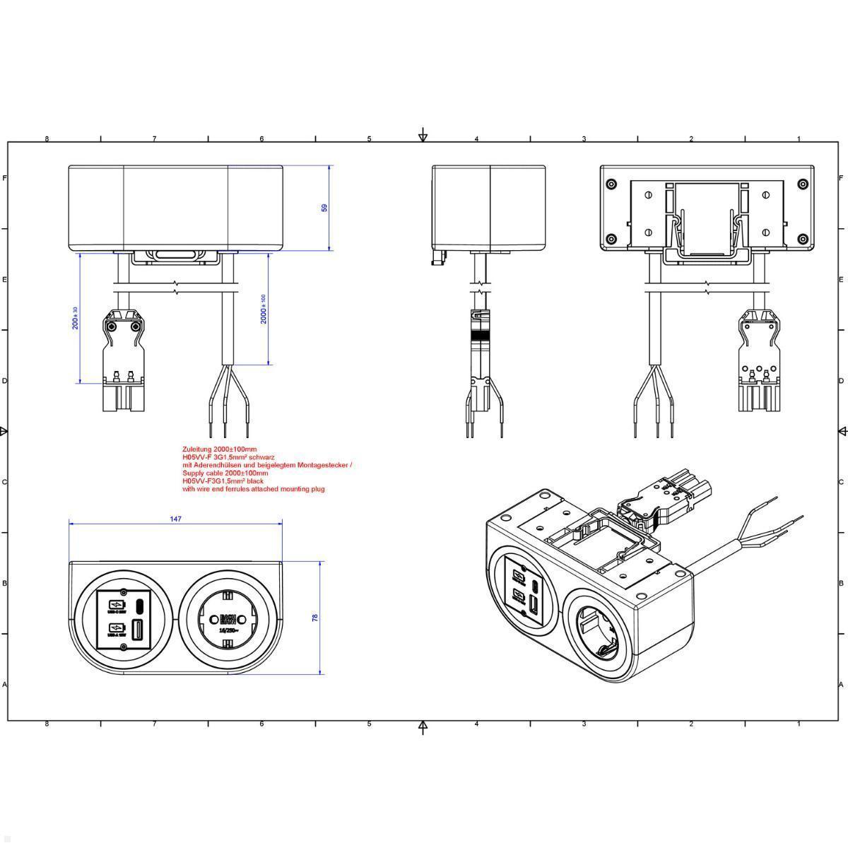 Bachmann PIX HOLDER DOUBLE Steckdose für Möbel mit 1x CEE7/3, 1x CM, 1x USB A/C, 2m Zuleitung (BM0020100), Ladepunkt Sitzmöbel