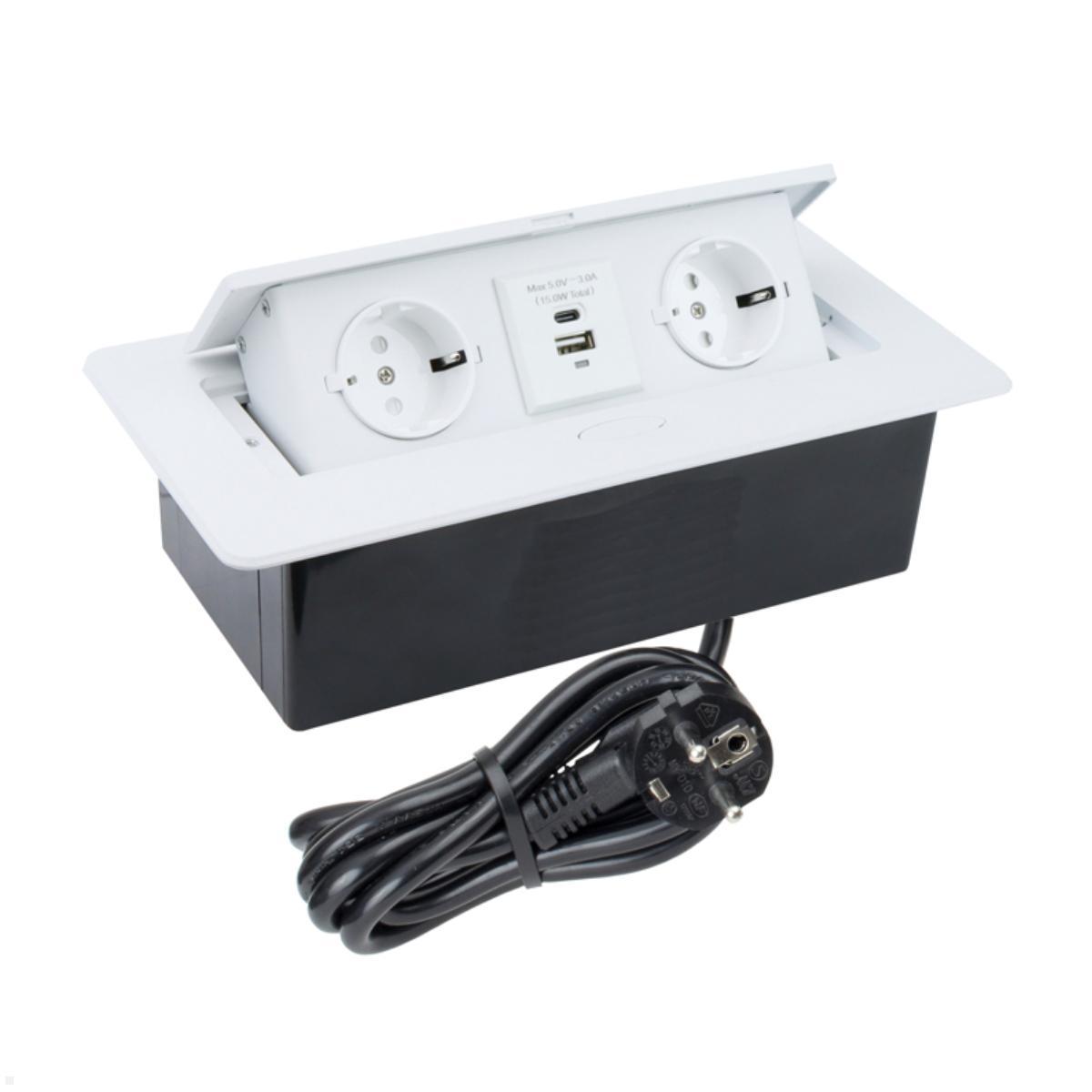 TecLines TES009W 2-fach Einbausteckdose mit USB A/C Charger, 3m Kabel, weiß, Einbau Steckdose Schreibtisch