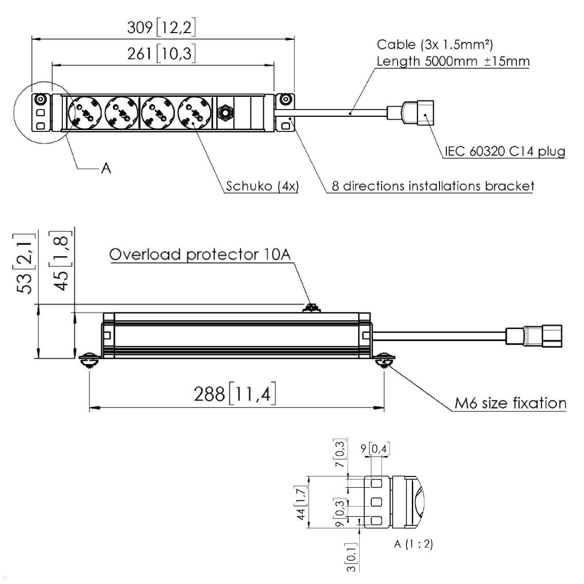 Vogels RISE A152 Zubehör 4-fach Steckdosenleiste mit Halterung für Display-Lifts, Maße