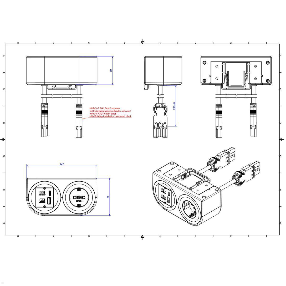Bachmann PIX HOLDER DOUBLE Steckdose für Möbel mit 1x CEE7/3, 1x CM, 1x USB A/C, 0,2m GST18 (BM0020104), Anschlussfeld Lounge