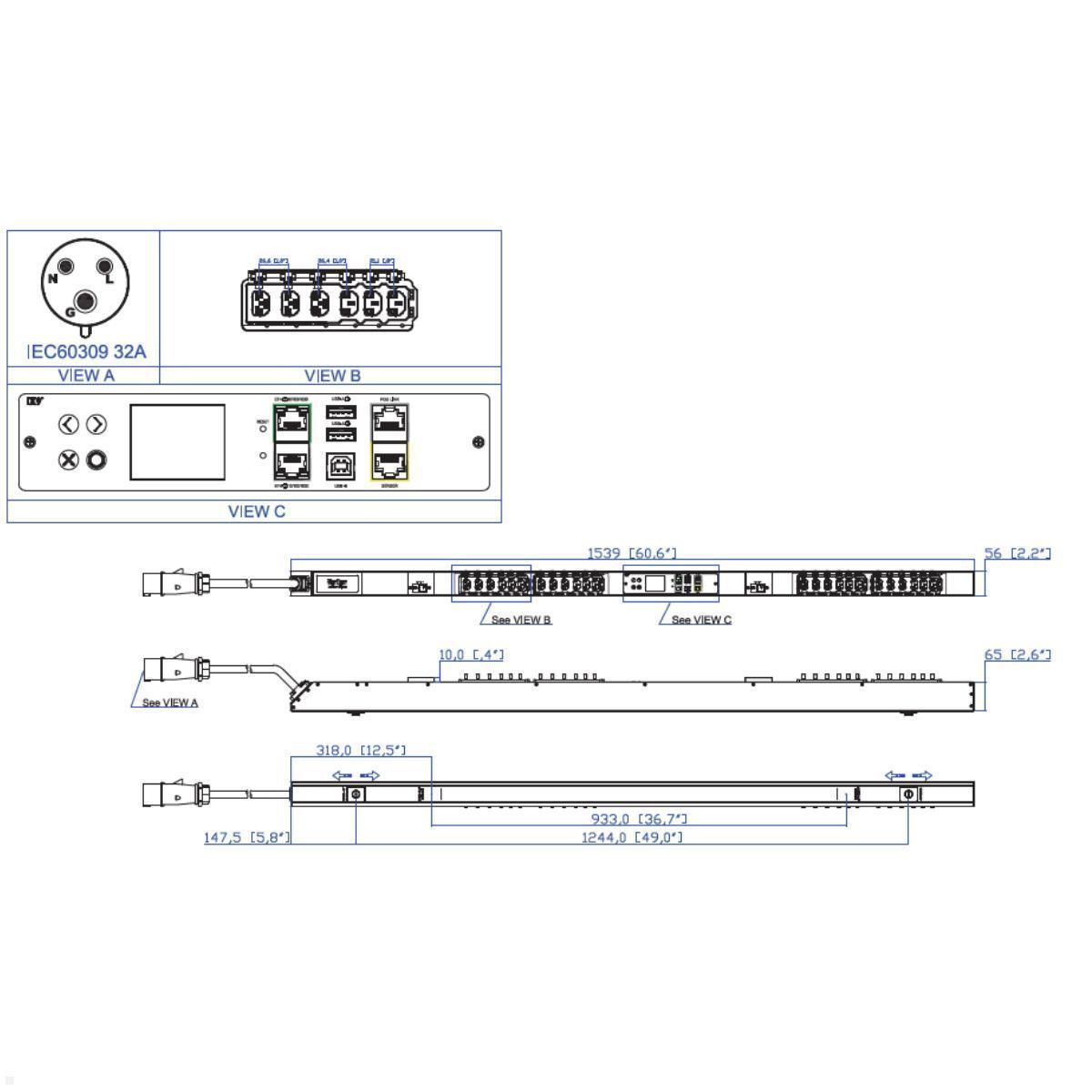 Legrand Raritan iX Rack-PDU 0U 1-phasig 230V 32A, 12xC13 / 12xCX, Input Metered RCM (PX4-1161-E7M27), PDU 32A RCM Differenzstrommessung
