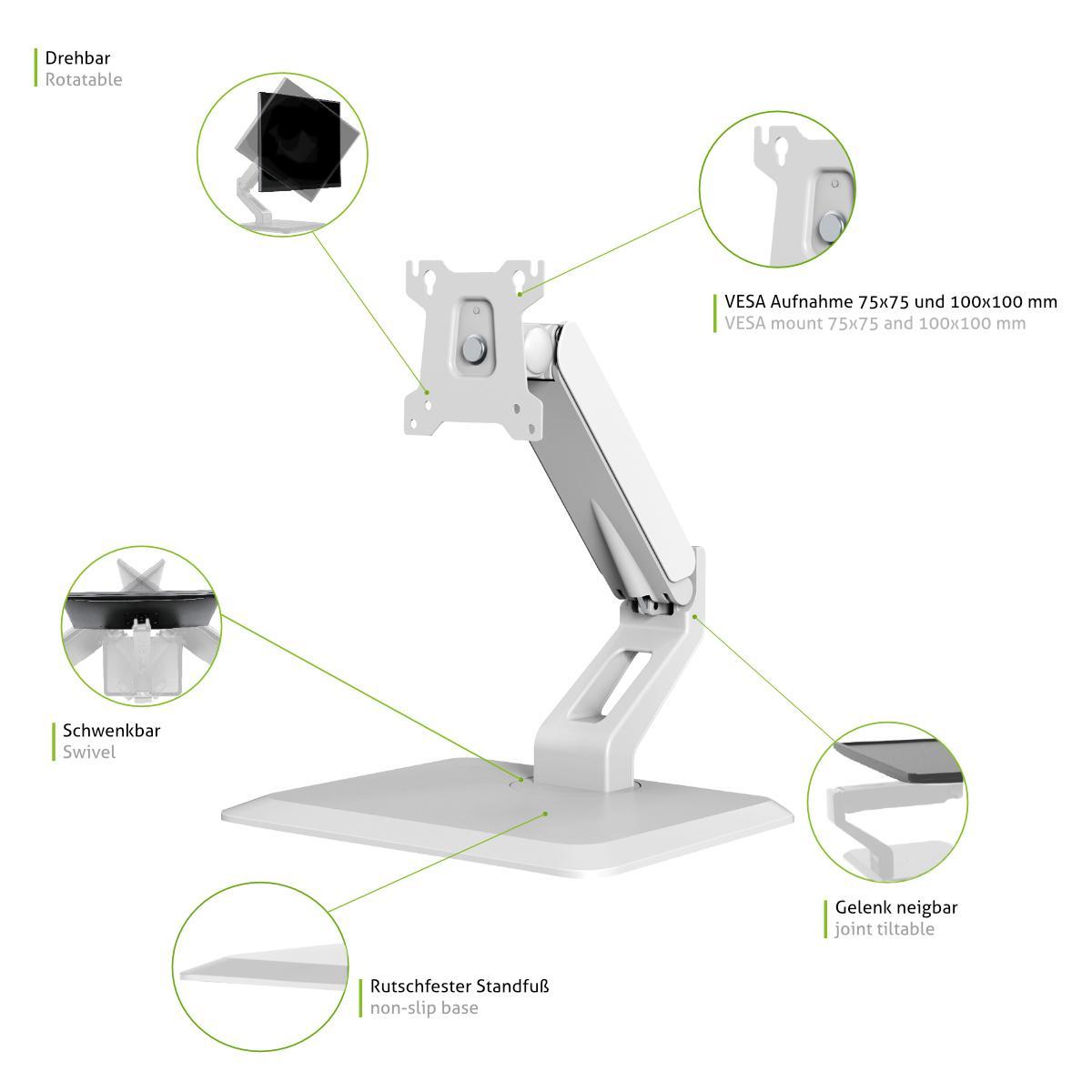 Tisch Monitorständer MonLines MTS900W drehbar, weiß, Übersicht Funktionen Tisch Monitorständer MonLines MTS900W drehbar, weiß, Übersicht Funktionen