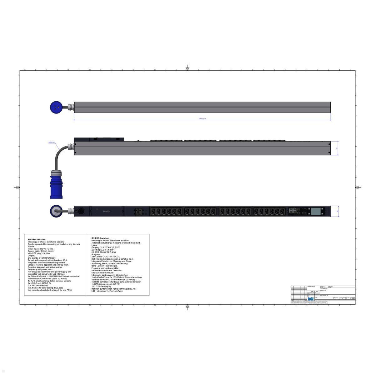 Bachmann BN PRO S Switched - 32A Rack PDU mit 24xCombo 2xMCB, 3,0m CEE 32A/3p (BM0024778), PDU 32A CEE 3p