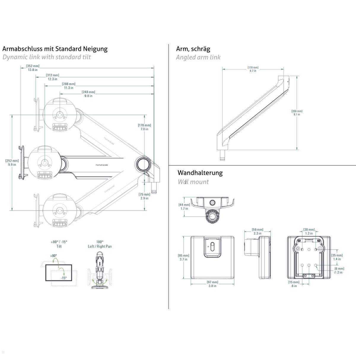 Humanscale M2.1 Laptop Wandhalterung mit Schwenkarm schräg, schwarz, technische Zeichnung Humanscale M2.1 Laptop Wandhalterung mit Schwenkarm schräg, schwarz, technische Zeichnung
