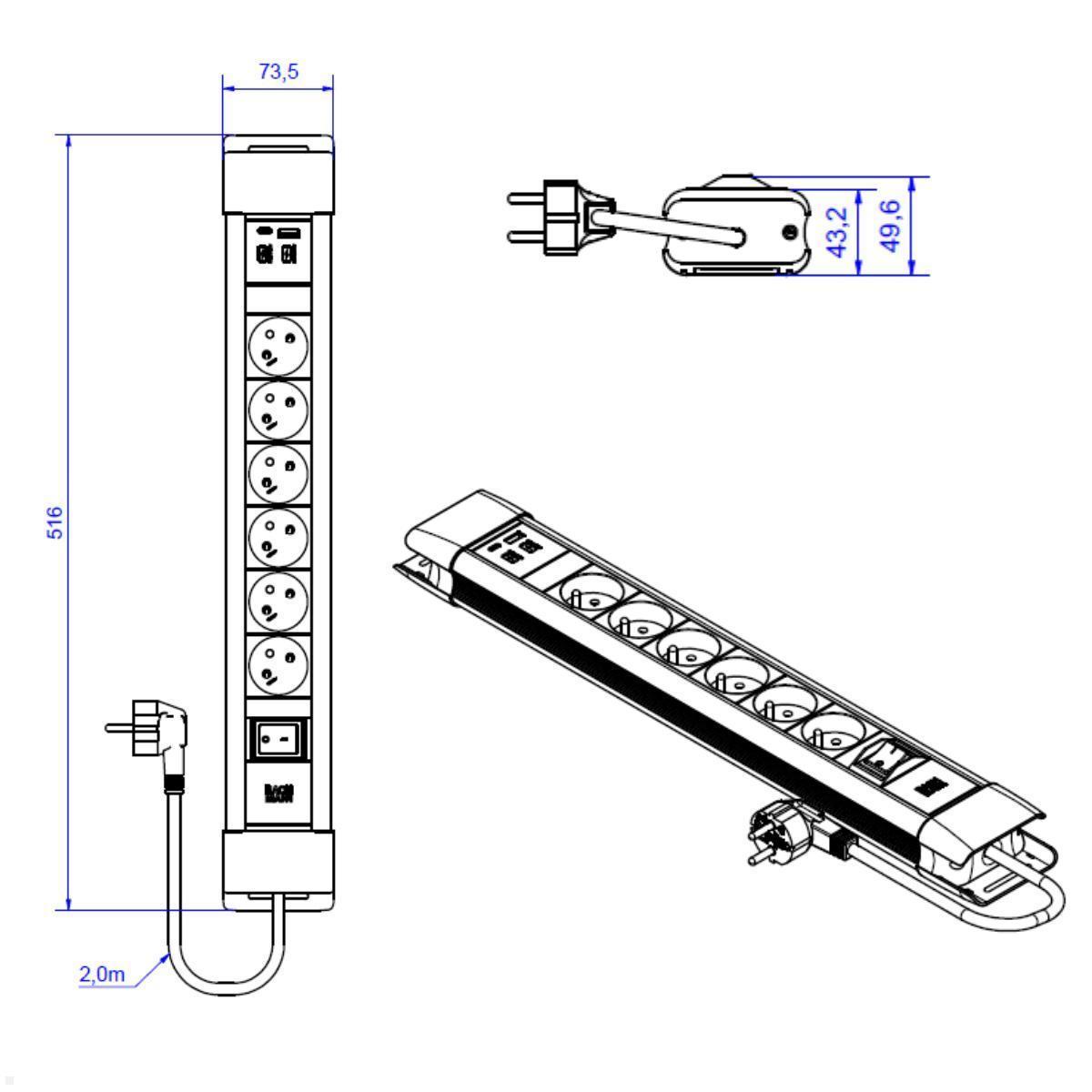 Bachmann CONNECTUS 6x UTE Steckdose, 1x USB A/C, 1x Schalter, grau (BM005939), Maße