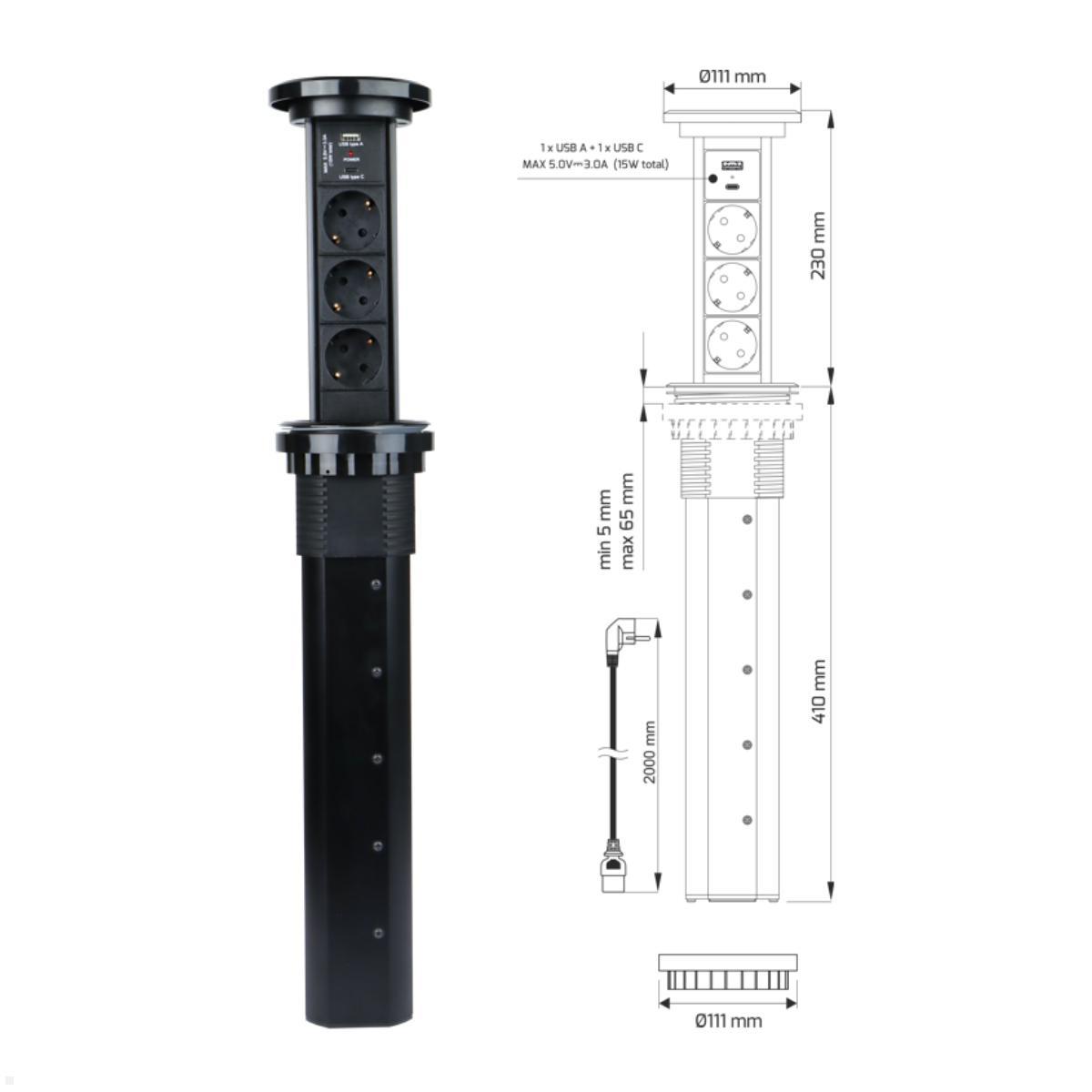 TecLines TVS006B versenkbare 3-fach Steckdosenleiste mit USB A/C, Qi, schwarz, TZ