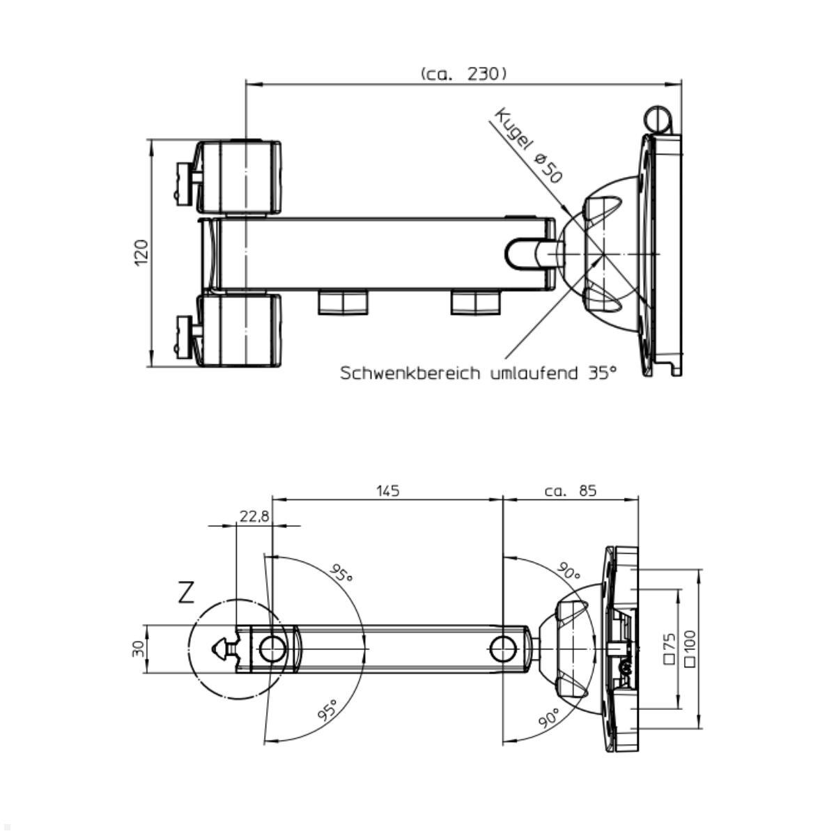 Novus TFC Monitorhalter Tragarm 145mm Zeichnung mit Maßen